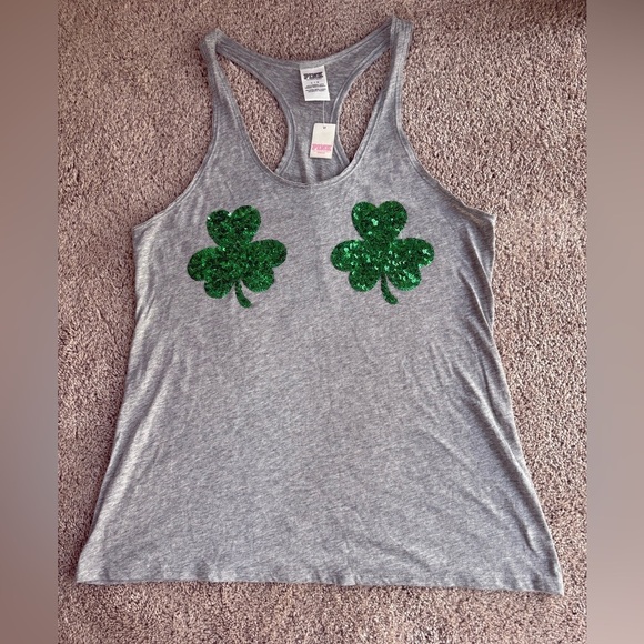 PINK Victoria's Secret Tops - NWT PINK Victoria's Secret Gray TankTop w/ Green Sequin Shamrocks